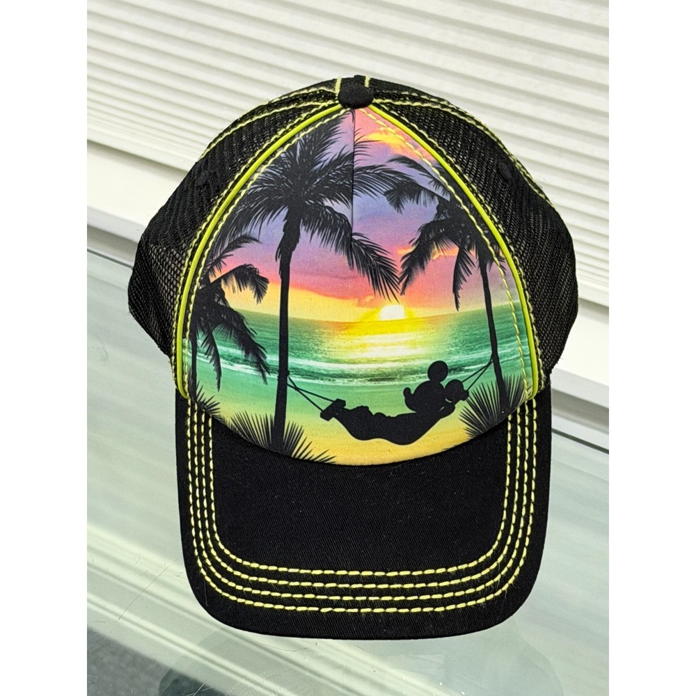 Disney Parks Mickey Mouse NWT Trucker Snap Back Hat Black Mesh Hawaii Tropical